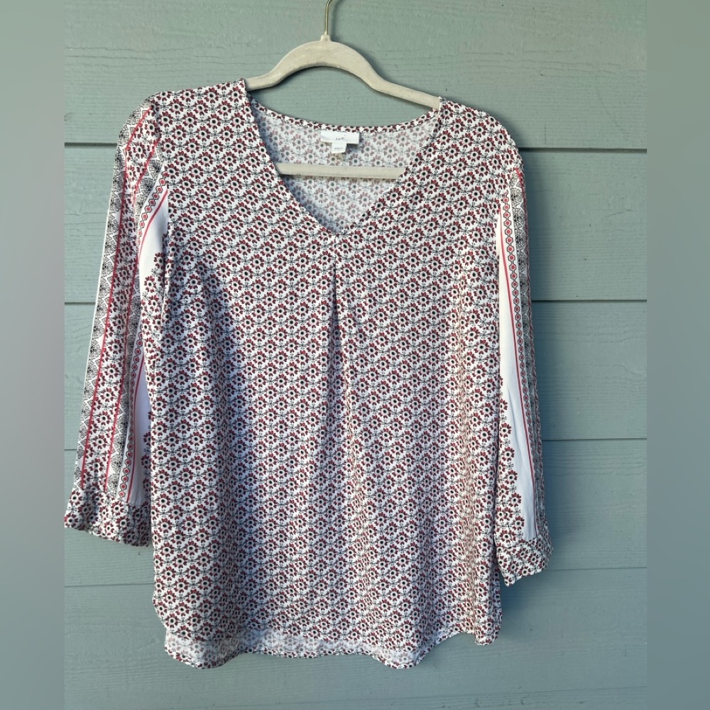 Women's Floral V-Neck Blouse - Coral/Red and White - Picture 1 of 7
